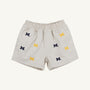 Introducing the Michigan Critter Sheffield Shorts in Saratoga Stone by The Beaufort Bonnet Company. These light beige shorts feature an elastic waistband and are adorned with embroidered blue and yellow Michigan logos throughout, combining comfort with spirited University of Michigan style.