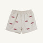 The Beaufort Bonnet Company’s South Carolina Critter Sheffield Shorts in Saratoga Stone feature an elastic waistband and multiple red USC logos embroidered across the front—perfect for showing your team spirit at the stadium.