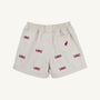 Show your Gamecock pride with the South Carolina Critter Sheffield Shorts in Saratoga Stone by The Beaufort Bonnet Company. These beige shorts feature an elastic waistband, multiple embroidered USC logos in red, and a small red bird on the back pocket—making them stadium-ready and perfect for true fans.
