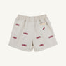 Show your Gamecock pride with the South Carolina Critter Sheffield Shorts in Saratoga Stone by The Beaufort Bonnet Company. These beige shorts feature an elastic waistband, multiple embroidered USC logos in red, and a small red bird on the back pocket—making them stadium-ready and perfect for true fans.