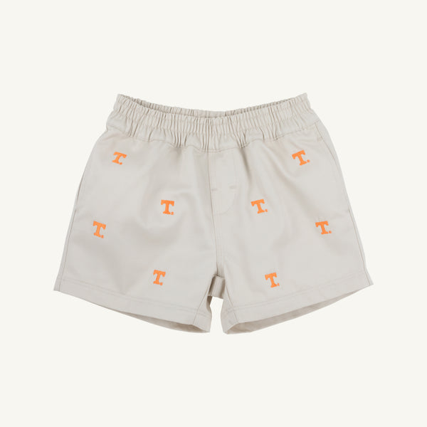 Tennessee Critter Sheffield Shorts in Saratoga Stone by The Beaufort Bonnet Company feature an elastic waistband, are made from 100% cotton, and display an all-over pattern of small orange Tennessee logo embroidery.