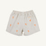 The Beaufort Bonnet Company’s Tennessee Critter Sheffield Shorts in Saratoga Stone feature an elastic waistband, orange T logo embroidery, and a back pocket detailed with a small orange bird and stitched label. Crafted from 100% cotton, these light-colored shorts are shown laying flat on a neutral background.