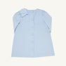 A child’s Dani Dress - Buckhead Blue Corduroy by The Beaufort Bonnet Company is shown from the back. This light blue corduroy dress features a row of buttons down the center and a large bow on the left shoulder, making it perfect for the holidays.