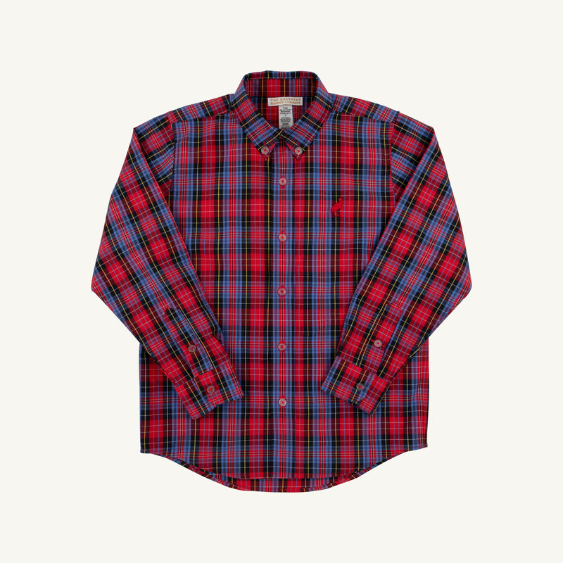 A Dean’s List Dress Shirt by The Beaufort Bonnet Company, featuring a Bucktown Tartan plaid pattern accented with a Richmond Red Stork, laid flat on a white background. This long-sleeve button-up shirt with collar and cuffs offers classic style with festive flair—perfect for holiday gatherings.