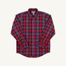 A Dean’s List Dress Shirt by The Beaufort Bonnet Company, featuring a Bucktown Tartan plaid pattern accented with a Richmond Red Stork, laid flat on a white background. This long-sleeve button-up shirt with collar and cuffs offers classic style with festive flair—perfect for holiday gatherings.