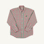 The Dean’s List Dress Shirt - Richmond Red & Kiawah Kelly Green Gingham by The Beaufort Bonnet Company is a boys’ long-sleeve button-up shirt featuring a red, green, and white plaid pattern, a classic collar, and a small dark logo on the left chest.