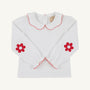 Emma’s Elbow Patch Top - Worth Avenue White with Richmond Red Flowers: a white Pima cotton long-sleeved top with a Peter Pan collar, red flower elbow patches, and red scalloped trim.