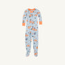 The Beaufort Bonnet Company’s Fallon Footie Pajamas – Candy & Critters (Buckhead Blue) with Seashore Sherbet accents are made from 100% Cotton Jersey Knit and feature playful Halloween-themed prints of pumpkins, cats, bats, and autumn leaves. Designed with a convenient front zipper for easy dressing.
