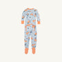Buckhead Blue Fallon Footie Pajamas - Candy & Critters by The Beaufort Bonnet Company, featuring Seashore Sherbet orange cuffs and festive Halloween prints with pumpkins and costumed animals, displayed flat with the back flap open. Made from 100% Cotton Jersey Knit and part of the Candy & Critters collection.