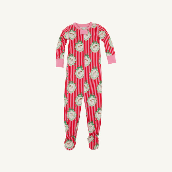 Fallon Footie Pajama - Distinguished Doggies in red and white striped cotton jersey knit featuring a repeating pattern of dogs in circular green wreaths.