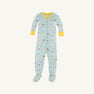 The Beaufort Bonnet Company Fallon Footie Pajamas - Ice Cream Daydream (Blueberry Blue) with Nana Banana feature light blue, long-sleeve cotton jersey fabric with cheerful yellow cuffs and collar, decorated with whimsical ice cream-themed prints, displayed on a plain white background.