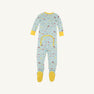 The Beaufort Bonnet Company’s Fallon Footie Pajamas – Ice Cream Daydream (Blueberry Blue) with Nana Banana—feature a soft cotton jersey in a light blue hue, long sleeves, and yellow cuffs and feet. This cozy footed onesie is decorated with colorful playful prints of animals and vehicles, and includes a convenient buttoned flap on the back.
