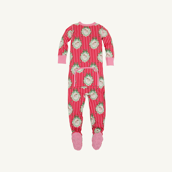 Fallon Footie Pajama - Distinguished Doggies in cotton jersey knit with long sleeves, red and pink vertical stripes, and a repeating print of dogs in circular frames.