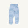 The Beaufort Bonnet Company Gates Sweeney Sweatpants - Blue Choo Choos for children, featuring an elastic waistband and cuffs with a subtle train pattern printed all over light blue fabric, displayed on a plain white background.
