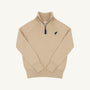 The Hayden Half Zip Sweater by The Beaufort Bonnet Company, in Keeneland Khaki, features long sleeves, a quarter-zip collar, and is adorned with a Nantucket Navy stork logo on the chest—offering a versatile wardrobe essential laid flat on a white background.