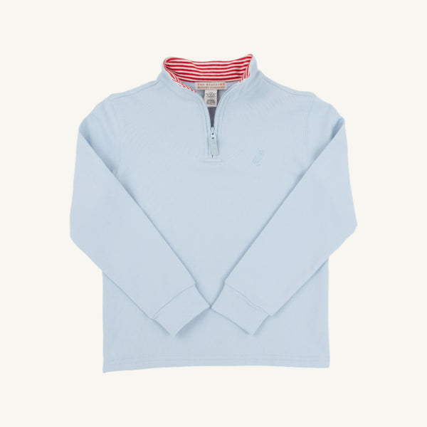 The Beaufort Bonnet Company Hayword Half-Zip in Buckhead Blue with Richmond Red Stripe, featuring a white striped inner collar, is displayed laid flat against a white background.