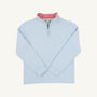 The Beaufort Bonnet Company Hayword Half-Zip in Buckhead Blue with Richmond Red Stripe, featuring a white striped inner collar, is displayed laid flat against a white background.
