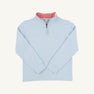 The Beaufort Bonnet Company Hayword Half-Zip in Buckhead Blue with Richmond Red Stripe, featuring a white striped inner collar, is displayed laid flat against a white background.