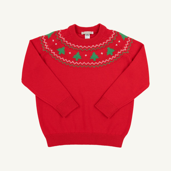 Isaac’s Fair Isle Sweater by The Beaufort Bonnet Company in Richmond Red features a festive pattern around the neckline with green and white Christmas trees and geometric designs.