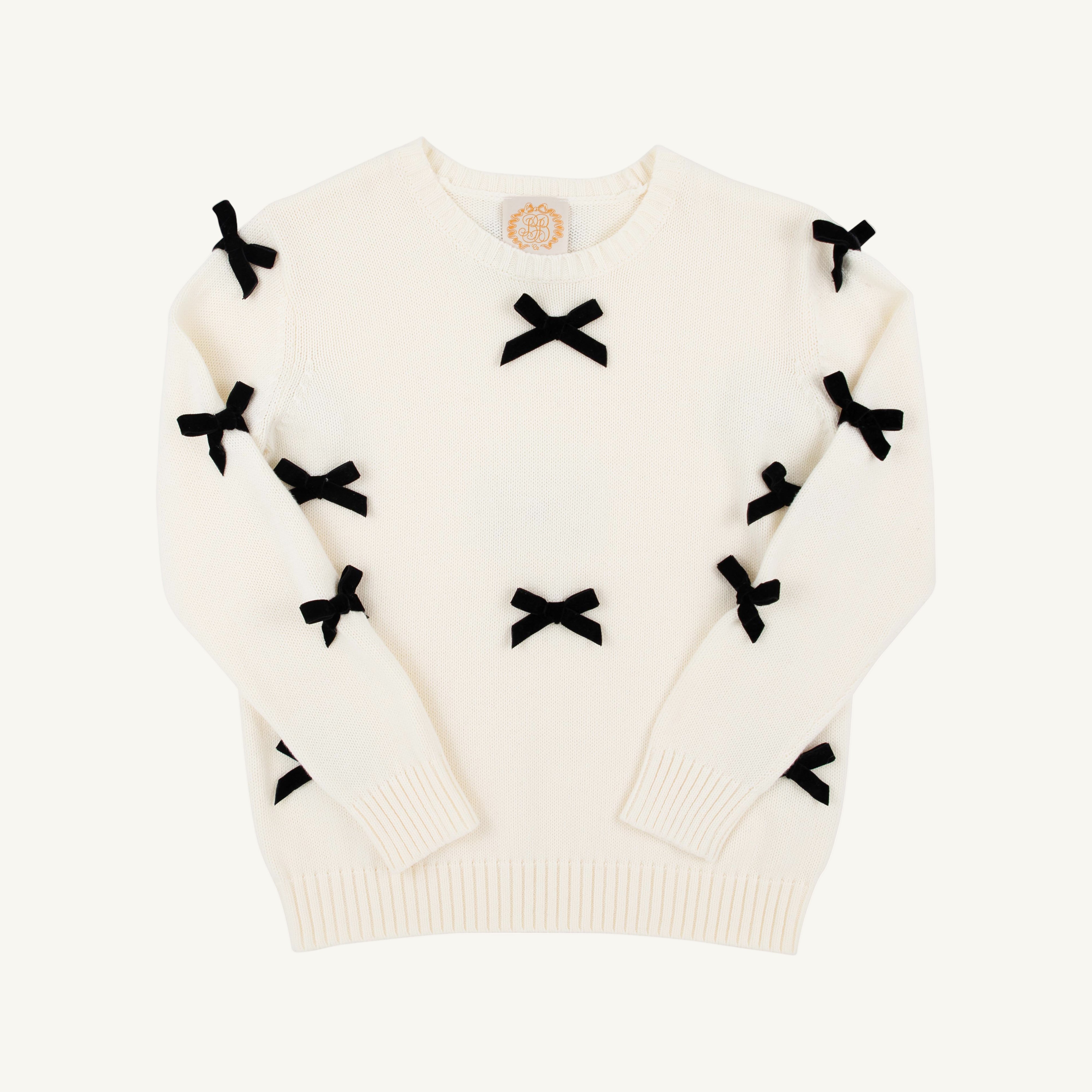 Isabelle's Sweater - Palmetto Pearl with Newport Night Velveteen Bows