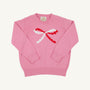 Isabelle’s Intarsia Sweater in Hamptons Hot Pink with a long-sleeved design, featuring a white and red scalloped bow on the front.