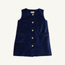 Navy blue Jilly Jumper - Nantucket Navy Velveteen sleeveless dress with a button-front closure and two front pockets with ruffled trim, perfect for a festive kids outfit.
