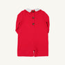 A John Hall Jon Jon in Richmond Red Pique with Worth Avenue White trim by The Beaufort Bonnet Company, featuring a white collar and three brown buttons down the back, displayed flat on a plain background. Perfect for a classic Christmas outfit.