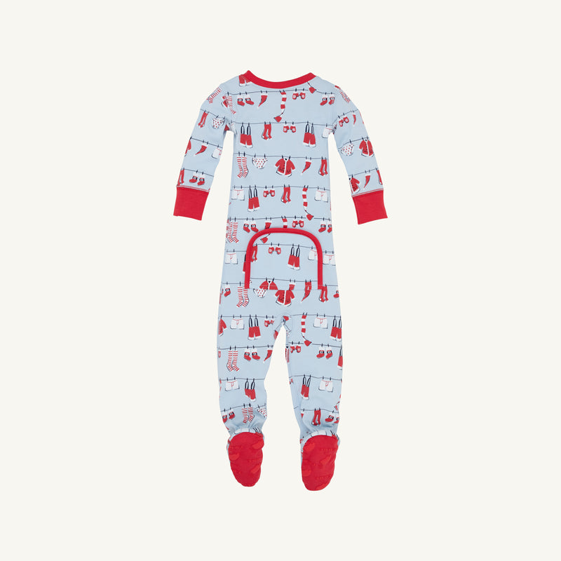 Dress your little one in festive style with the Knox’s Night Night - Santa’s Laundry Line by The Beaufort Bonnet Company. This light blue infant onesie features cheerful red cuffs and feet and is adorned with red and white holiday-themed laundry—like clothes and stockings—strung across charming clotheslines. Made from soft Pima cotton, it includes a convenient flap over the bottom at the back. Perfect for matching family pajamas!.