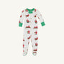 Knox’s Night Night - Serious Santa Business by The Beaufort Bonnet Company is a white baby onesie with green cuffs and collar, featuring an allover festive Santa Claus print and crafted from soft Pima Cotton pajamas fabric, shown laid flat on a plain background.