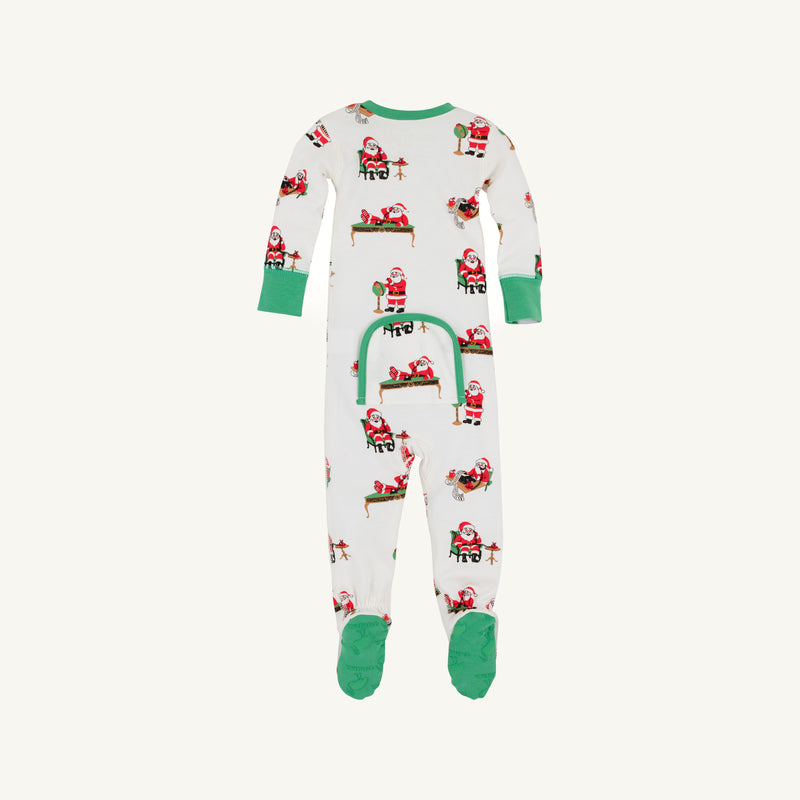 Knox’s Night Night - Serious Santa Business by The Beaufort Bonnet Company, displayed from the back, features green cuffs, a playful Santa Claus print, and a convenient lower back flap. These festive holiday pajamas are perfect for infants during Christmas.