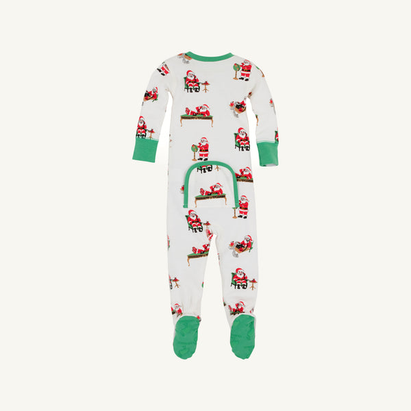 Knox’s Night Night - Serious Santa Business by The Beaufort Bonnet Company, displayed from the back, features green cuffs, a playful Santa Claus print, and a convenient lower back flap. These festive holiday pajamas are perfect for infants during Christmas.
