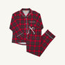 Let Me Lounge Set in Society Prep Plaid with Worth Avenue White, a red and green plaid long-sleeve pajama set featuring white scalloped trim and a white drawstring waist.