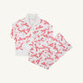 Libby’s Lounge Set - Bonnie Scot Bows with Worth Avenue White featuring a long-sleeved button-down pajama top and matching wide-leg pants with a pink and red bow print on a white background.
