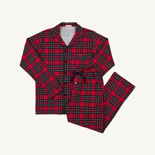 Lock’s Lounge Set - Society Prep Plaid with Nantucket Navy pajama set for men, featuring a red, green, and white long-sleeved button-down shirt with matching pants.