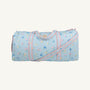 Introducing the Logan’s Long Weekend Bag by The Beaufort Bonnet Company, featuring the Little London Flowers print with charming pink gingham accents—a delightful light blue quilted carryall designed with practical handles and an adjustable shoulder strap, making it the perfect travel essential.
