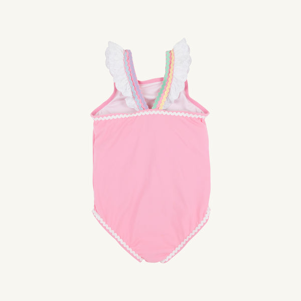 Long Bay Bathing Suit - Hamptons Hot Pink with Worth Avenue White & Multicolor Ric Rac