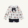 The Beaufort Bonnet Company’s Long Sleeve Banks Bow Bloomer Set – Happy Hunting with Palmetto Pearl & Nantucket Navy features a white long-sleeve top with a ruffled collar, playful horse and boot prints, a navy bow at the neckline, and matching navy ruffle bloomers. This adorable set is perfect as baby girl autumn clothing and makes a charming fall outfit.