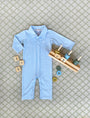 Long Sleeve Sir Proper's Romper - Beale Street Blue Stripe with Worth Avenue White Stork
