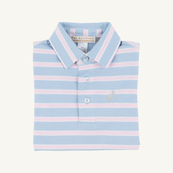 Long Sleeve Prim & Proper Polo & Onesie - Beale Street Blue, Palm Beach Pink, and Worth Avenue White Stripe with Grantley Gray Stork