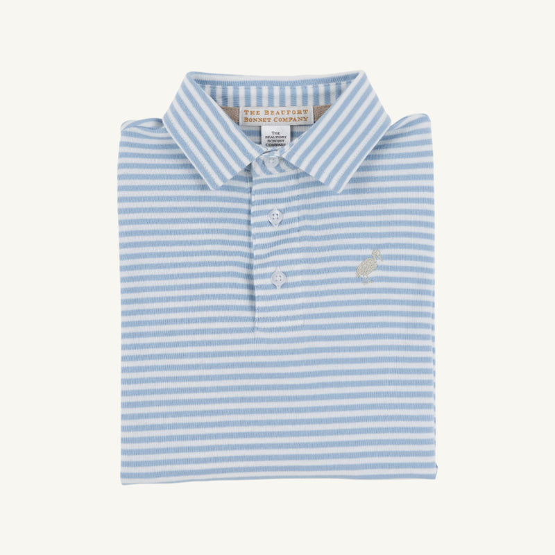 Long Sleeve Prim & Proper Polo & Onesie - Barrington Blue Stripe with Keeneland Khaki Stork