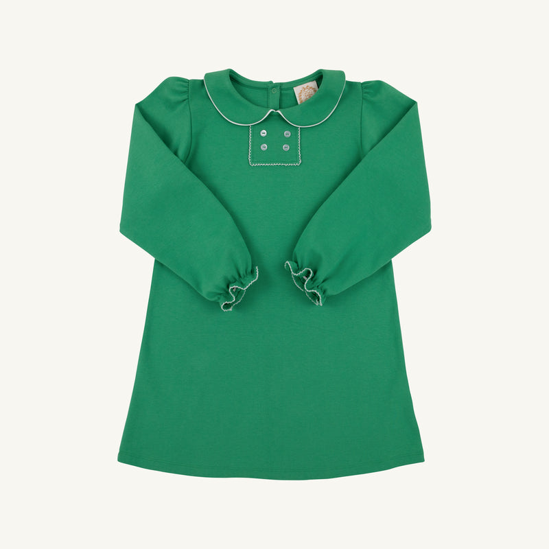 The Beaufort Bonnet Company Long Sleeve Banks Button Dress in Kiawah Kelly Green with Worth Avenue White, featuring a white-trimmed Peter Pan collar, decorative buttons on the chest, and ruffled cuffs.