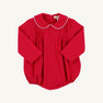 Long Sleeve Boone Bubble in Richmond Red, a long-sleeve baby bubble romper with a white-trimmed Peter Pan collar and front pleats.