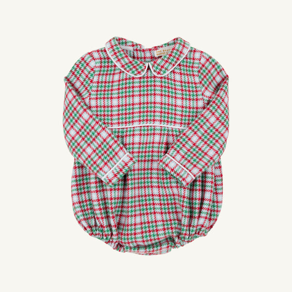 The Beaufort Bonnet Company’s Long Sleeve Bradford Bubble in Wicker Park Plaid with Worth Avenue White features a festive red, green, and white plaid pattern, a classic Peter Pan collar, and elastic leg openings—an adorable holiday outfit choice for your baby boy. Shown laid flat on a white background.