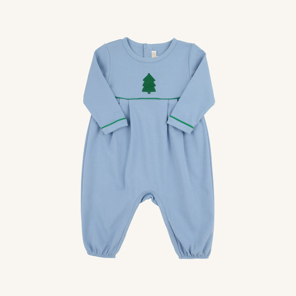 Long Sleeve Bradford Romper - Barrington Blue with Kiawah Kelly Green & Christmas Tree Embroidery