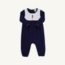 Long Sleeve Bradford Romper - Nantucket Navy & Worth Avenue White with Soldier Embroidery in navy blue Pima cotton knit with a white chest panel featuring an embroidered toy soldier.
