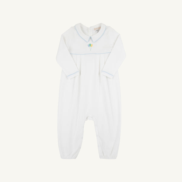 Long Sleeve Bradford Romper - Worth Avenue White and Buckhead Blue with Balloon Embroidery