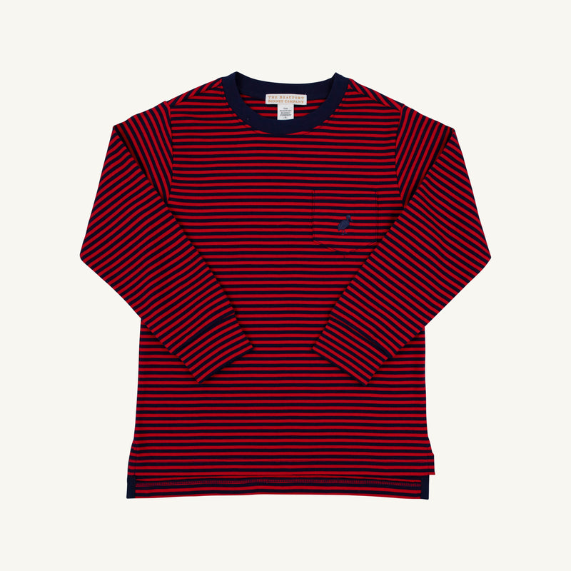 Long Sleeve Carter Crewneck - Richmond Red & Nantucket Navy Stripe long-sleeve crewneck Pima cotton tee with horizontal stripes, featuring a chest pocket with a small embroidered bird logo.