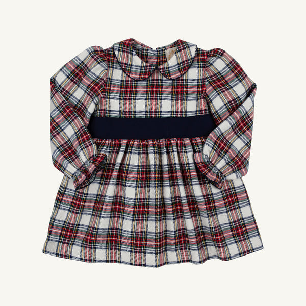 Long Sleeve Cindy Lou Sash Dress in Paris Pike Plaid with Nantucket Navy, featuring a Peter Pan collar and a solid navy sash at the waist, perfect for a girls’ holiday party.