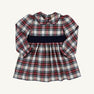 Long Sleeve Cindy Lou Sash Dress in Paris Pike Plaid with Nantucket Navy, featuring a Peter Pan collar and a solid navy sash at the waist, perfect for a girls’ holiday party.