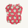Long Sleeve Dorcie Day Bubble - Distinguished Doggies bubble romper with a red and white vertical striped pattern and a repeating print of puppies in green scalloped wreaths.